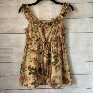 Fire Los Angeles Retro Beige Floral Babydoll Tank Top Ruffle Neck Y2K Size M